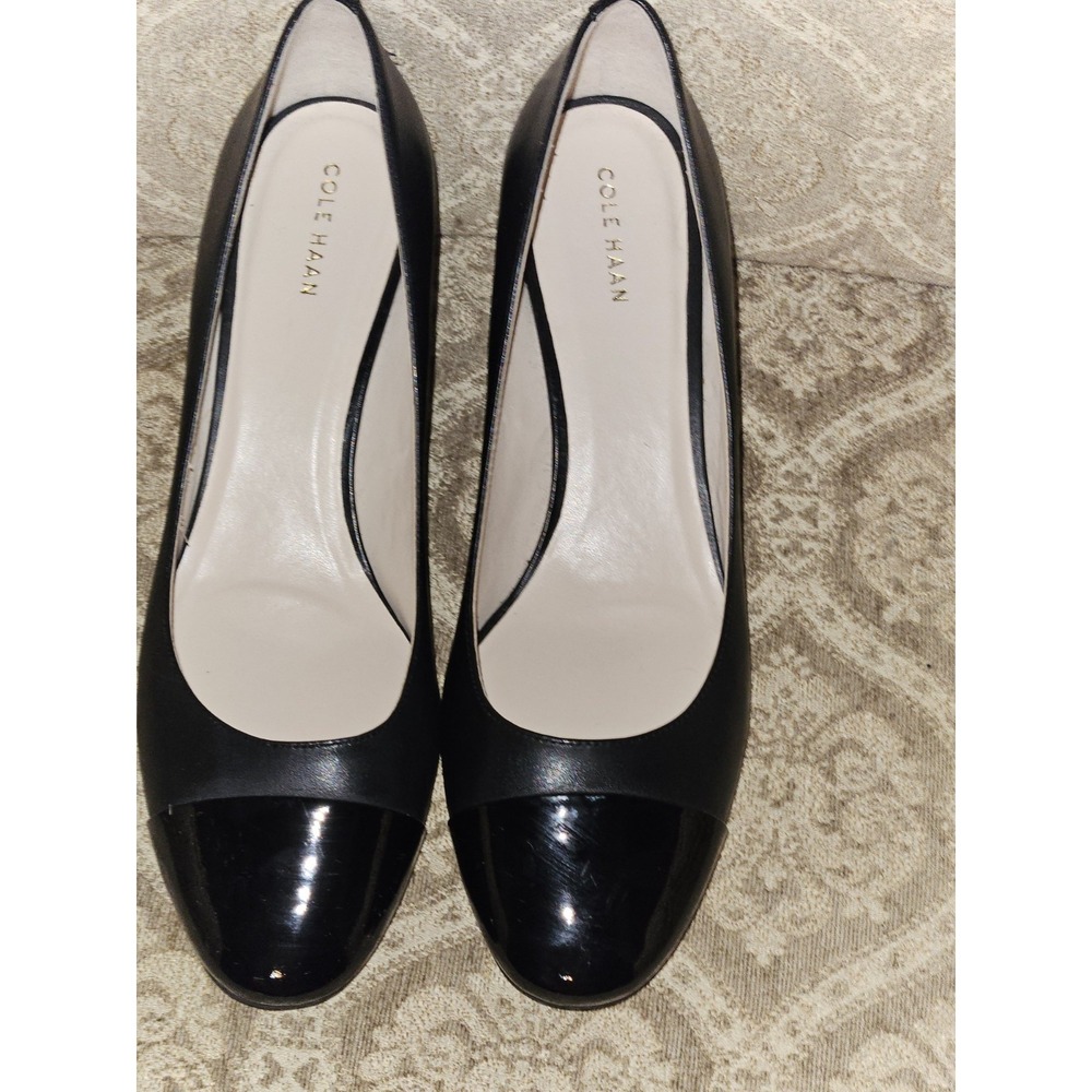 Cole Haan Dawna Black Leather Cap Toe Block Heel Slip On Pumps Shoes Size 9.5B